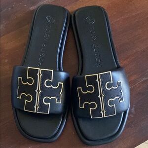 Tory Burch Black and Gold Slide Sandals